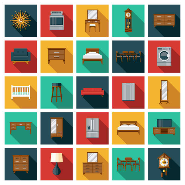Furniture Icon Set A set of twenty-five square flat design icons with long side shadows. File is built in the CMYK color space for optimal printing. Color swatches are global so it’s easy to edit and change the colors. bed frame stock illustrations