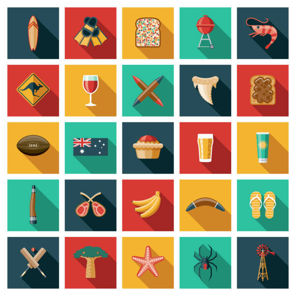 Australia Icon Set A set of twenty-five square flat design icons with long side shadows. File is built in the CMYK color space for optimal printing. Color swatches are global so it’s easy to edit and change the colors. didgeridoo stock illustrations
