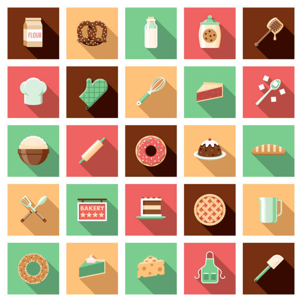 Baking Icon Set A set of twenty-five square flat design icons with long side shadows. File is built in the CMYK color space for optimal printing. Color swatches are global so it’s easy to edit and change the colors. apple pie cheese stock illustrations