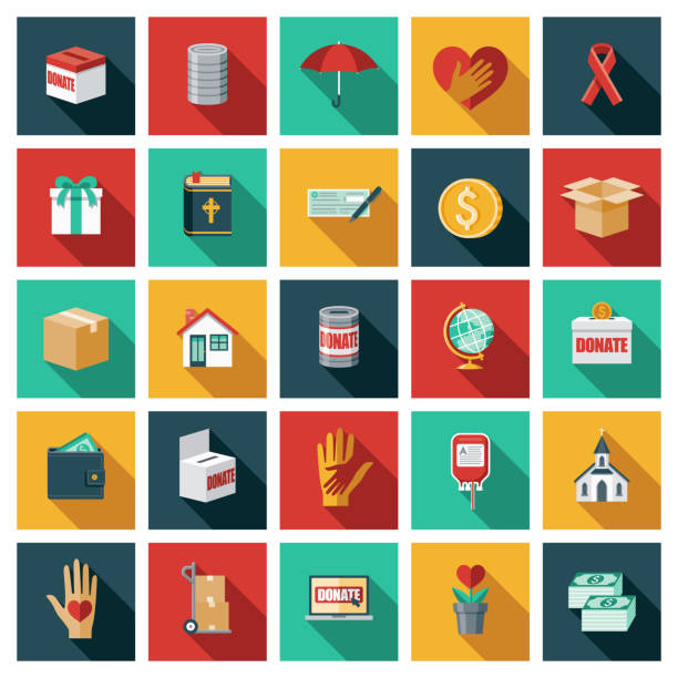Charity and Volunteering Icon Set A set of twenty-five square flat design icons with long side shadows. File is built in the CMYK color space for optimal printing. Color swatches are global so it’s easy to edit and change the colors. giving tuesday stock illustrations