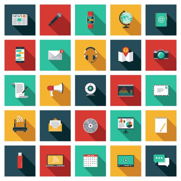 Communication Icon Set A set of twenty-five square flat design icons with long side shadows. File is built in the CMYK color space for optimal printing. Color swatches are global so it’s easy to edit and change the colors. color image stock illustrations