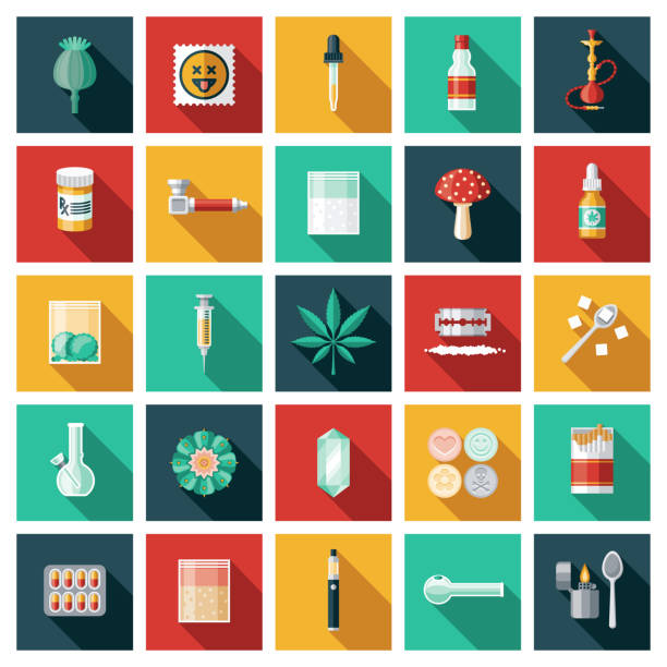 ilustraciones, imágenes clip art, dibujos animados e iconos de stock de conjunto de iconos de medicamentos y sustancias controladas - poppy capsule