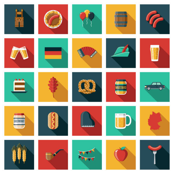 illustrazioni stock, clip art, cartoni animati e icone di tendenza di set di icone germania - meat bratwurst sausage sauerkraut