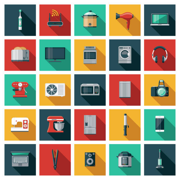 Home Appliances Icon Set A set of twenty-five square flat design icons with long side shadows. File is built in the CMYK color space for optimal printing. Color swatches are global so it’s easy to edit and change the colors. household equipment stock illustrations