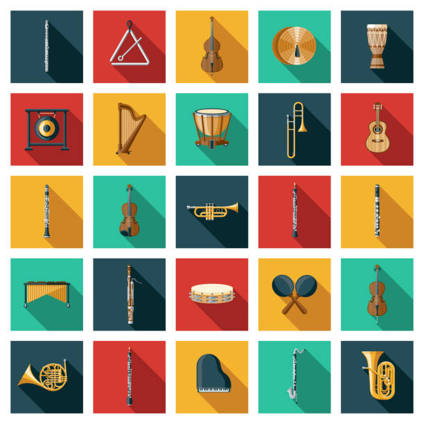 ilustraciones, imágenes clip art, dibujos animados e iconos de stock de conjunto de icono de instrumentos musicales - oboe