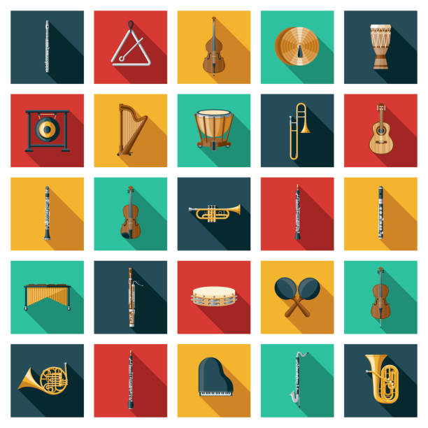 Musical Instruments Icon Set A set of twenty-five square flat design icons with long side shadows. File is built in the CMYK color space for optimal printing. Color swatches are global so it’s easy to edit and change the colors. marimba stock illustrations