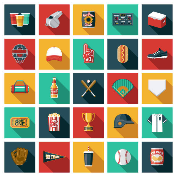 Baseball Icon Set A set of twenty-five square flat design icons with long side shadows. File is built in the CMYK color space for optimal printing. Color swatches are global so it’s easy to edit and change the colors. baseball base icon stock illustrations
