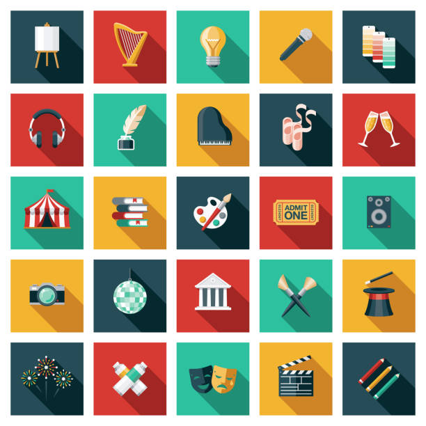 Arts and Culture Icon Set A set of twenty-five square flat design icons with long side shadows. File is built in the CMYK color space for optimal printing. Color swatches are global so it’s easy to edit and change the colors. arts symbols stock illustrations