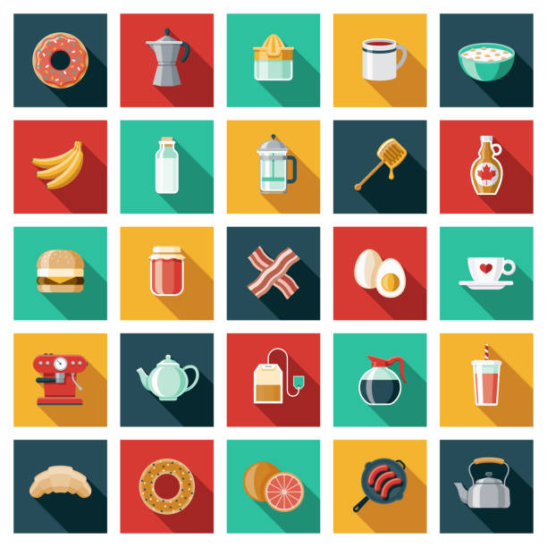 ilustrações, clipart, desenhos animados e ícones de conjunto de ícones de alimentos e bebidas de café da manhã - coffee bagel donut coffee cup