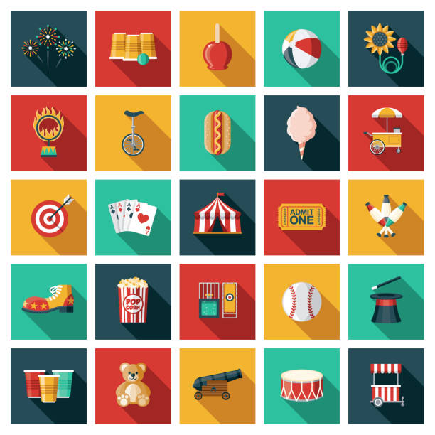 Travelling Circus Icon Set A set of twenty-five square flat design icons with long side shadows. File is built in the CMYK color space for optimal printing. Color swatches are global so it’s easy to edit and change the colors. baseball betting stock illustrations