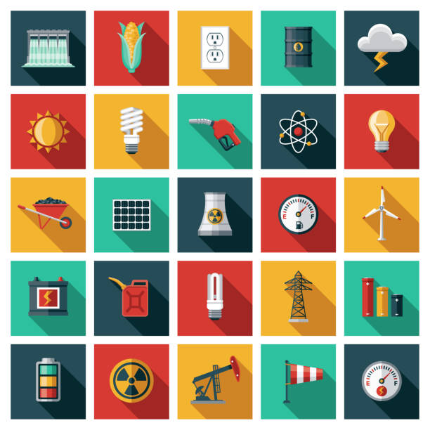 에너지, 전력 및 연료 생성 아이콘 세트 - solar energy illustrations stock illustrations