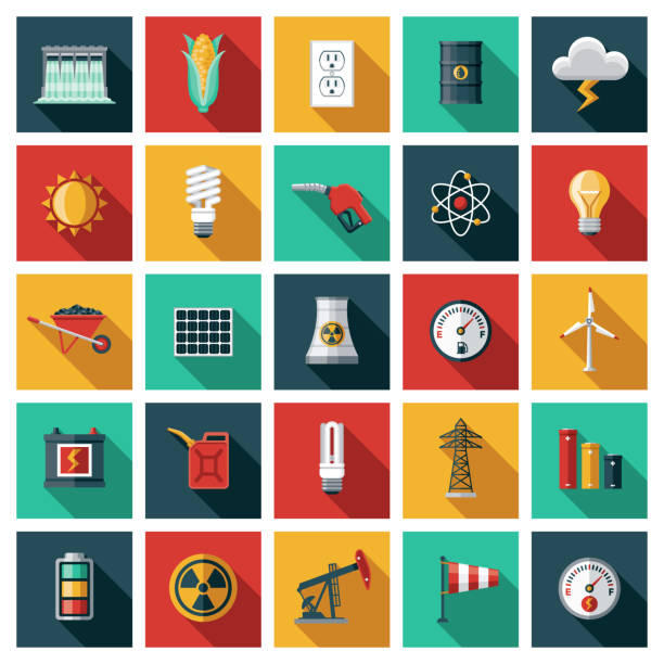 ilustrações, clipart, desenhos animados e ícones de conjunto de ícones de energia, energia e geração de combustível - fuel and power generation electricity flat power supply