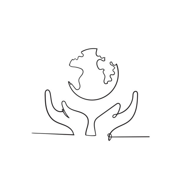 ilustrações, clipart, desenhos animados e ícones de mão desenhada mão de palma e símbolo de terra para salvar o estilo de ilustração da terra - planet map ideas growth