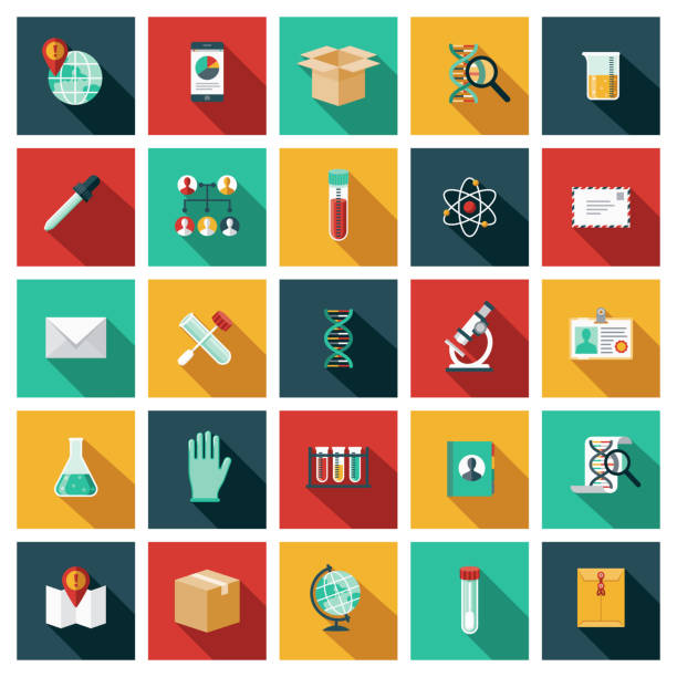 Genetic Testing Icon Set A set of twenty-five square flat design icons with long side shadows. File is built in the CMYK color space for optimal printing. Color swatches are global so it’s easy to edit and change the colors. dna test stock illustrations