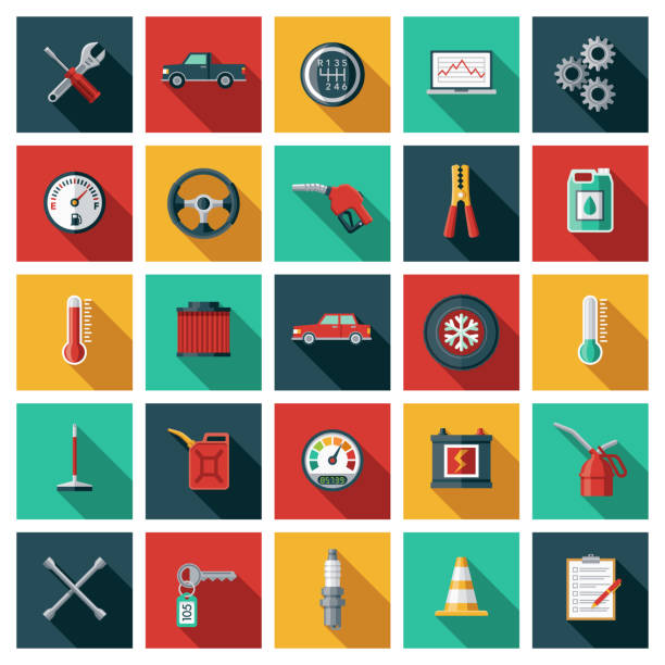 Vehicle Service and Garage Icon Set A set of twenty-five square flat design icons with long side shadows. File is built in the CMYK color space for optimal printing. Color swatches are global so it’s easy to edit and change the colors. jumper cable stock illustrations