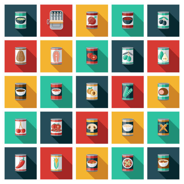 Canned Food Icon Set A set of twenty-five square flat design icons with long side shadows. File is built in the CMYK color space for optimal printing. Color swatches are global so it’s easy to edit and change the colors. canned food stock illustrations