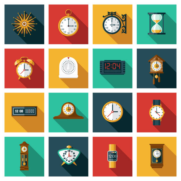 uhren und alarme icon set - kuckucksuhr stock-grafiken, -clipart, -cartoons und -symbole