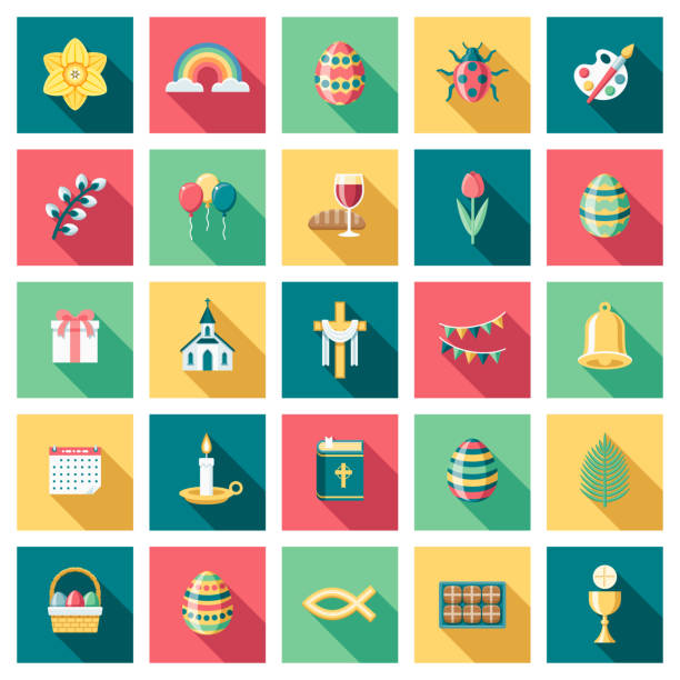Easter Icon Set A set of twenty-five square flat design icons with long side shadows. File is built in the CMYK color space for optimal printing. Color swatches are global so it’s easy to edit and change the colors. christian fish clip art stock illustrations