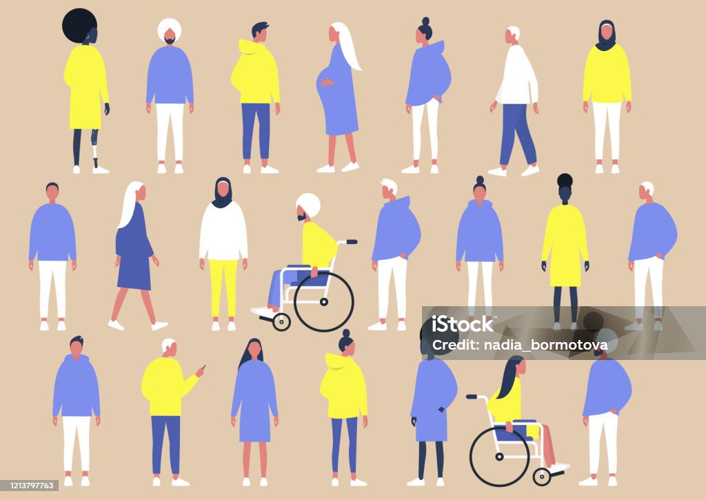 A collection of diverse characters of different gender, ethnicities and physical conditions, flat vector set of people - Royalty-free Pessoas arte vetorial