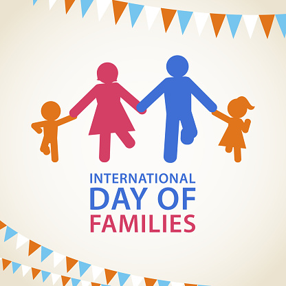 Celebrating the International Day of Families in 15 May annually with multi colored family silhouette running on the bunting background
