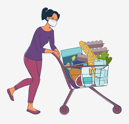 Young woman in white medical mask with cart shopping in supermarket. Concept of corona virus  quarantine vector illustration