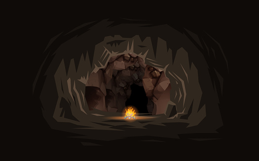 bonfire with landscape of inside the cave