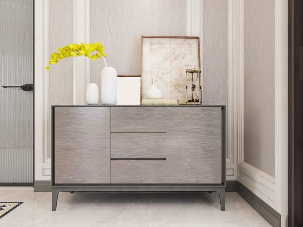 istock Simple design restaurant dining area with dining table, chest of drawers, etc. 1213800452