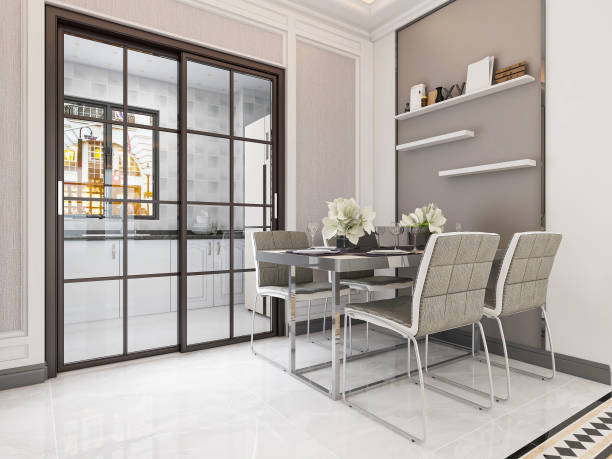istock Simple design restaurant dining area with dining table, chest of drawers, etc. 1213800456