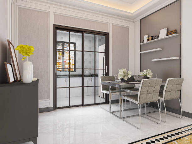 istock Simple design restaurant dining area with dining table, chest of drawers, etc. 1213800457