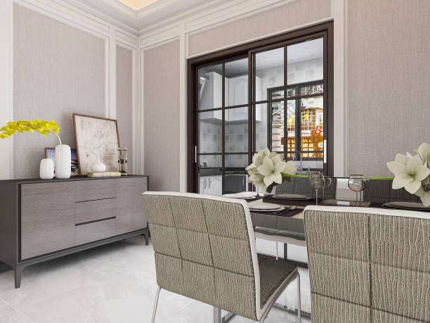 istock Simple design restaurant dining area with dining table, chest of drawers, etc. 1213800459