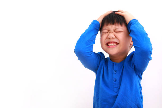 Portrait of frustrated little Asian boy wearing blue shirt with hands on head, screaming isolated on white background.