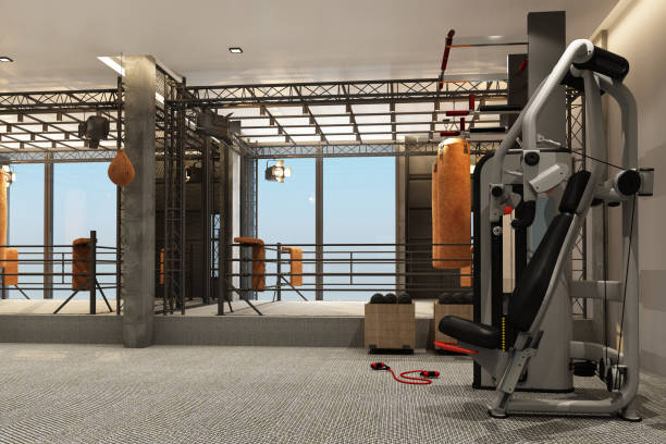 istock Boxing ring Boxing gym with equipment training in loft style and carpet floor 3d rendering 1213808749