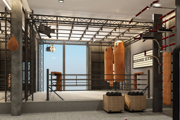 istock Boxing ring Boxing gym with equipment training in loft style and carpet floor 3d rendering 1213808765