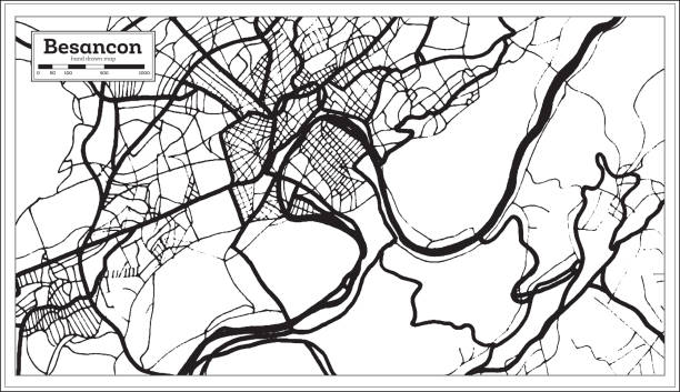 illustrazioni stock, clip art, cartoni animati e icone di tendenza di besancon france city mappa in bianco e nero in stile retrò. mappa struttura. - doubs river