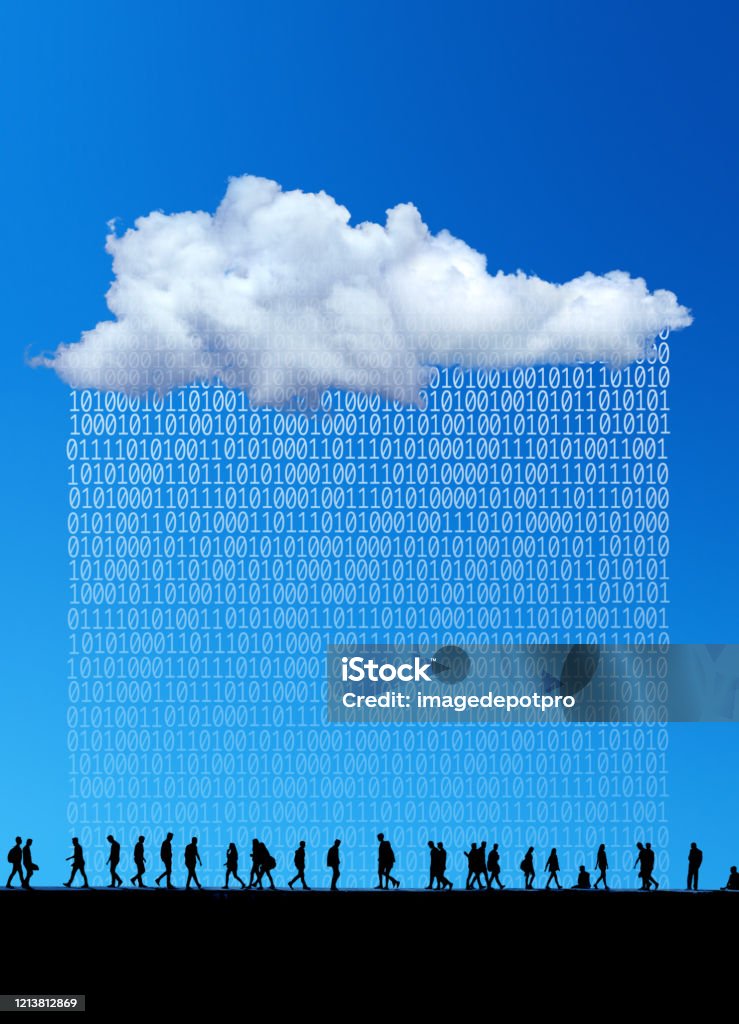 cloud computing and artificial intelligent technology conceptual white clouds and large group of silhouetted people with binary code of one and zero over blue sky. Cloud Computing Stock Photo