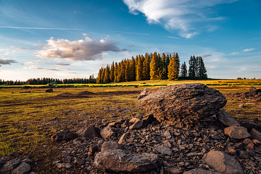 Wide Angle Sunset Shot of Muddy Giant Boulder In the Middle of a Dried Up Lake With Pine Trees in the Background Inside the Grand Mesa National Forest In Beautiful Western Colorado