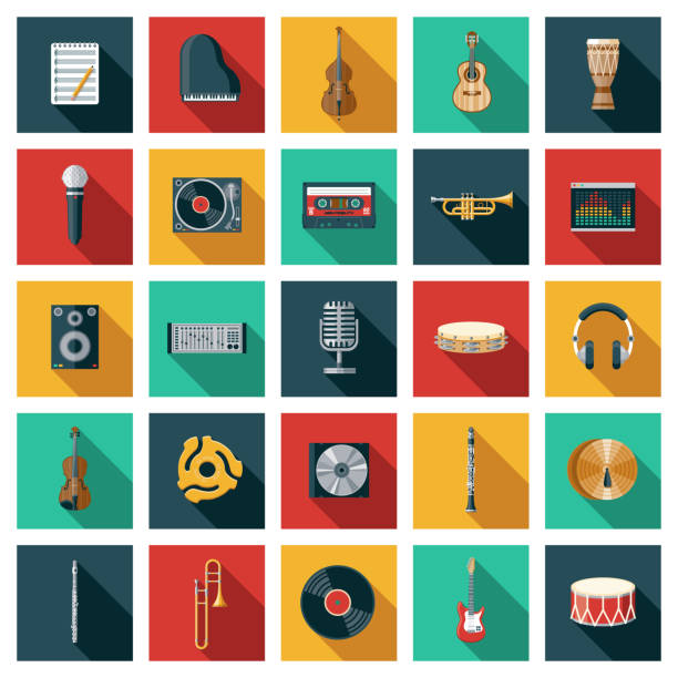 Music Icon Set A set of square flat design icons with a long side shadow. File is built in the CMYK color space for optimal printing. Color swatches are global so it’s easy to edit and change the colors. musical instrument illustrations stock illustrations