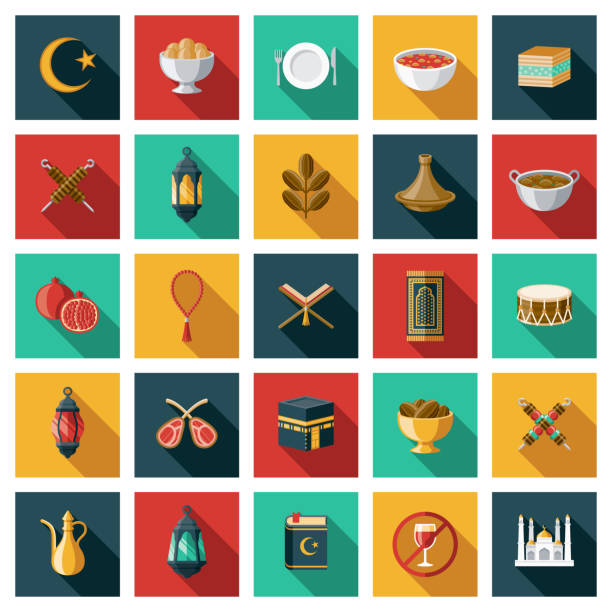 Ramadan Icon Set A set of square flat design icons with a long side shadow. File is built in the CMYK color space for optimal printing. Color swatches are global so it’s easy to edit and change the colors. fruit of islam stock illustrations