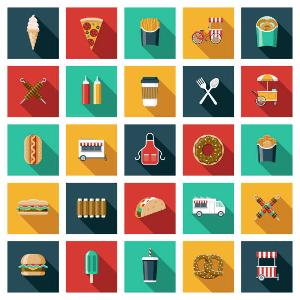 ilustrações de stock, clip art, desenhos animados e ícones de street food icon set - carro de cachorros quentes