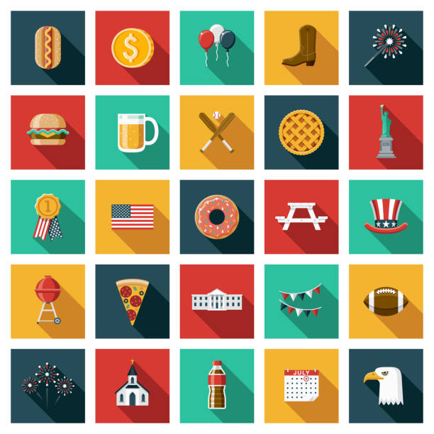 United States of America Icon Set A set of square flat design icons with a long side shadow. File is built in the CMYK color space for optimal printing. Color swatches are global so it’s easy to edit and change the colors. usa flag shoes stock illustrations