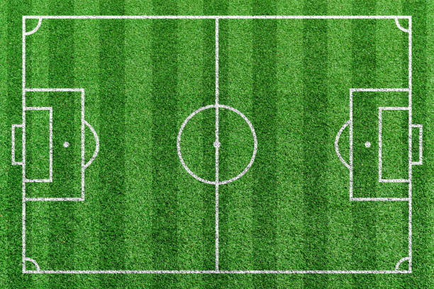 istock Top view stripe grass soccer field. Green lawn with white lines pattern background. 1213816788