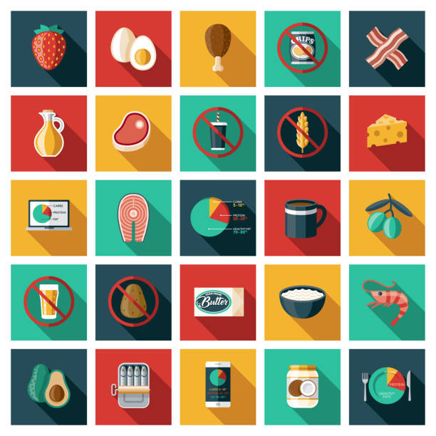 Ketogenic Diet Icon Set A set of square flat design icons with a long side shadow. File is built in the CMYK color space for optimal printing. Color swatches are global so it’s easy to edit and change the colors. ketogenic diet illustrations stock illustrations