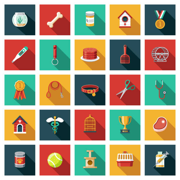 Pet Care Icon Set A set of square flat design icons with a long side shadow. File is built in the CMYK color space for optimal printing. Color swatches are global so it’s easy to edit and change the colors. pet toy stock illustrations