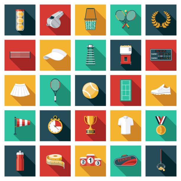 Tennis Icon Set A set of square flat design icons with a long side shadow. File is built in the CMYK color space for optimal printing. Color swatches are global so it’s easy to edit and change the colors. tennis ball container stock illustrations