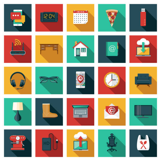 Work From Home Icon Set A set of square flat design icons with a long side shadow. File is built in the CMYK color space for optimal printing. Color swatches are global so it’s easy to edit and change the colors. clock clipart stock illustrations