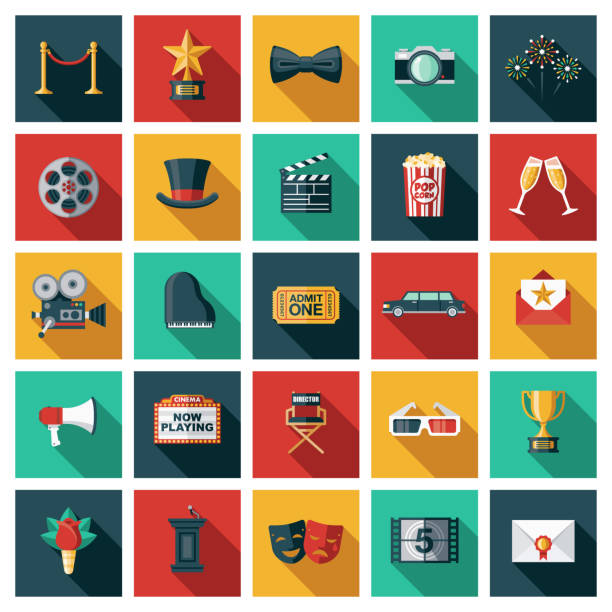 Movies and Filmmaking Icon Set A set of square flat design icons with a long side shadow. File is built in the CMYK color space for optimal printing. Color swatches are global so it’s easy to edit and change the colors. 3 d glasses stock illustrations