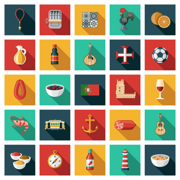 Portugal Icon Set A set of square flat design icons with a long side shadow. File is built in the CMYK color space for optimal printing. Color swatches are global so it’s easy to edit and change the colors. christian fish clip art stock illustrations