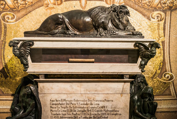 Grave of Francisco Pizarro in Lima, Peru Lima, Peru - July 17 2010: Grave of Conquistador Francisco Pizarro in the Cathedral of Lima with a Lion Sculpture. francisco pizarro stock pictures, royalty-free photos & images