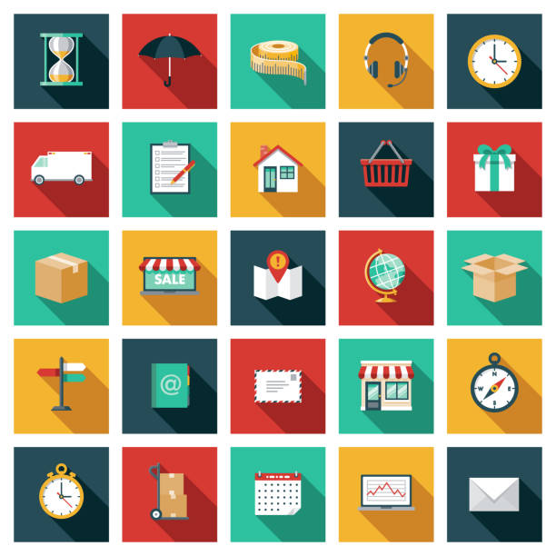 Shipping and Transport Logistics Icon Set A set of square flat design icons with a long side shadow. File is built in the CMYK color space for optimal printing. Color swatches are global so it’s easy to edit and change the colors. warehouse clipart stock illustrations