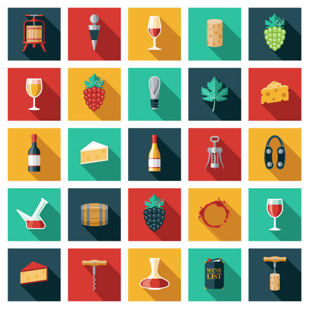 wein- und weinherstellungs-ikonen-set - decanter wine wineglass red wine stock-grafiken, -clipart, -cartoons und -symbole